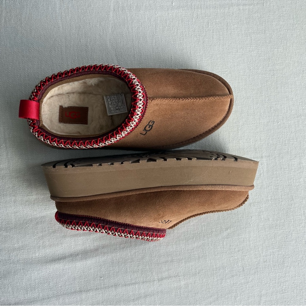 UGG Tazz Chestnut Brown Suede Slippers with Red Trim